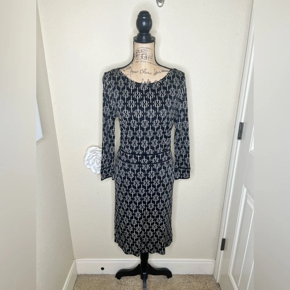 NTM: Tory Burch White Monogram Print Silk Sheath Dress 3/4 Sleeve Size L